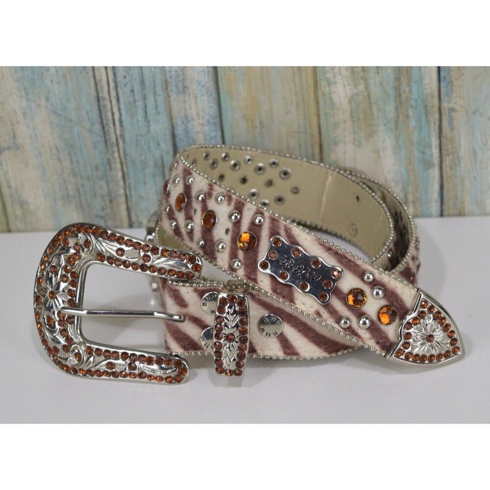 BHW Rhinestone Western Belt Brown Cow Hair Size M 32 Conch Jewel Gemstone Buckle